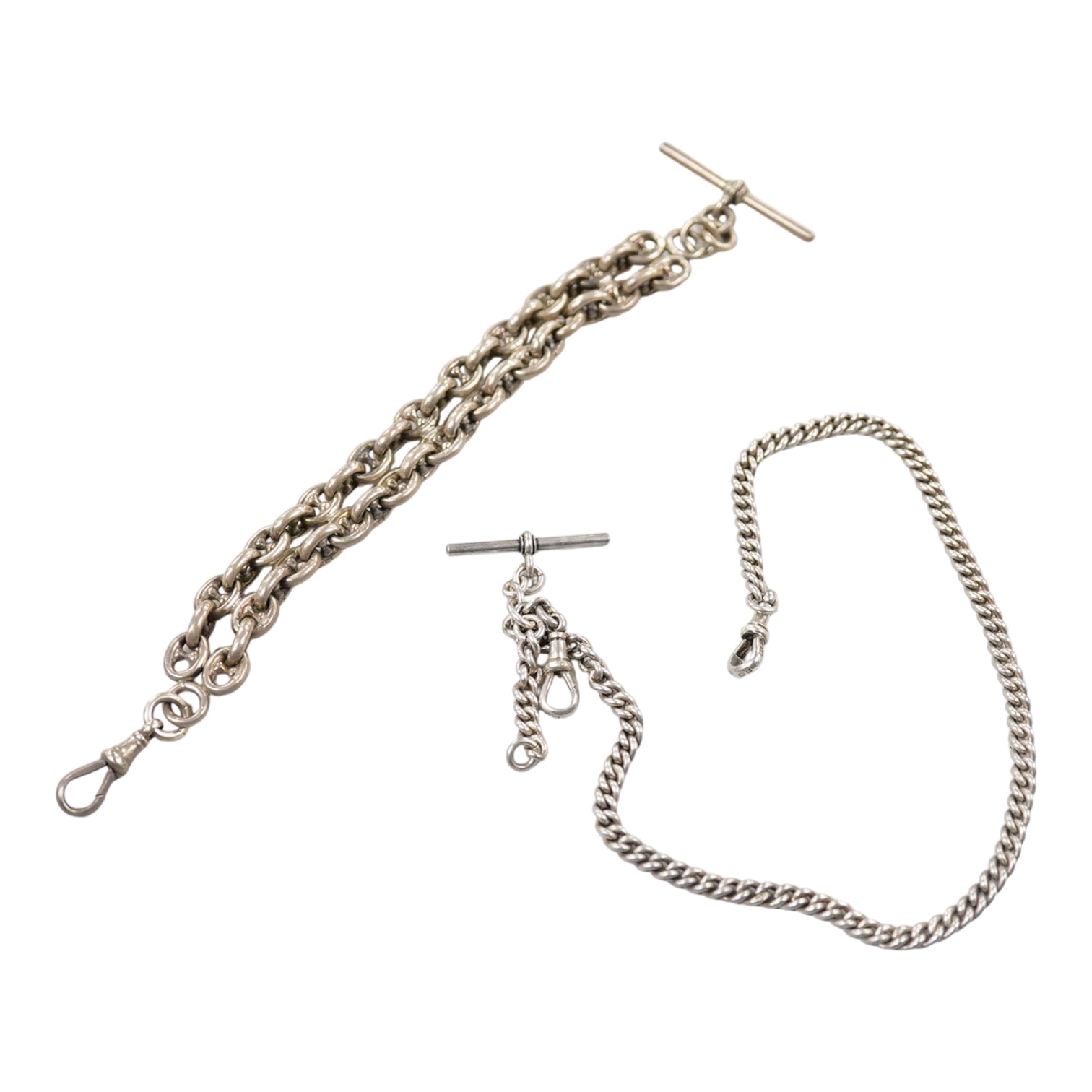 A two row chain link silver albert, 21cm and one other longer silver curb link albert, 37cm.